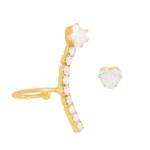 Piercing Dourado Earcuff Coração Cravejado de Zircônia Com Brinco